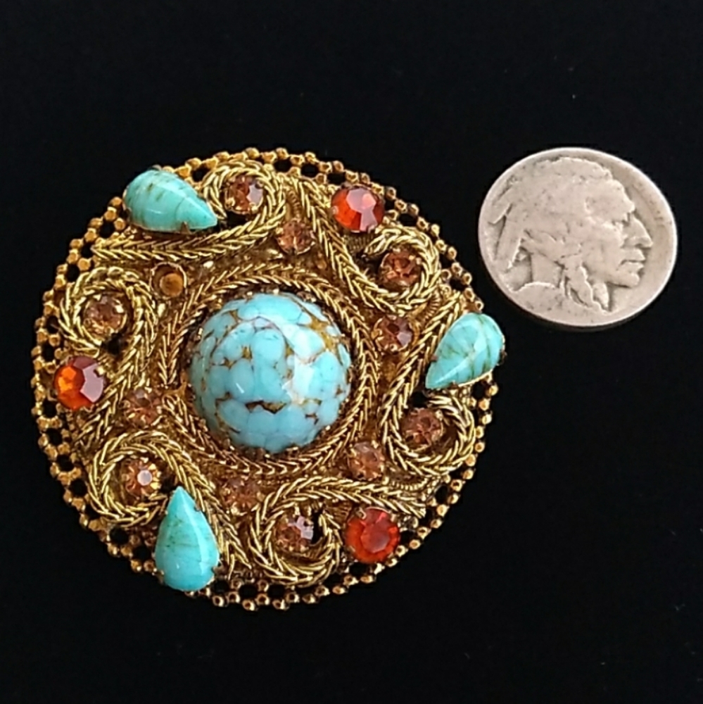 AUSTRIA Turquoise Topaz Tangerine Crystal Brooch - Picture 3 of 8